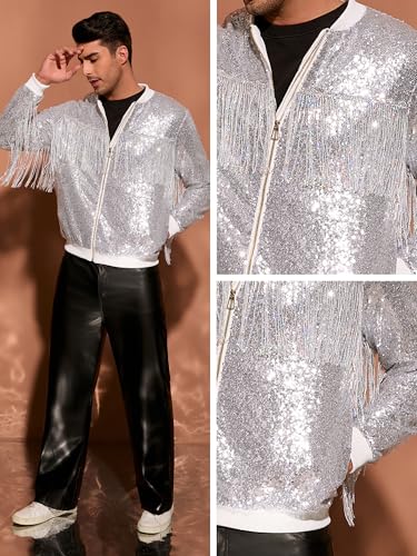 Image of Lars Amadeus Shiny Tassel Jacket for Men's Zipper 70s Disco Sparkly Sequins Baseball Bomber Jackets