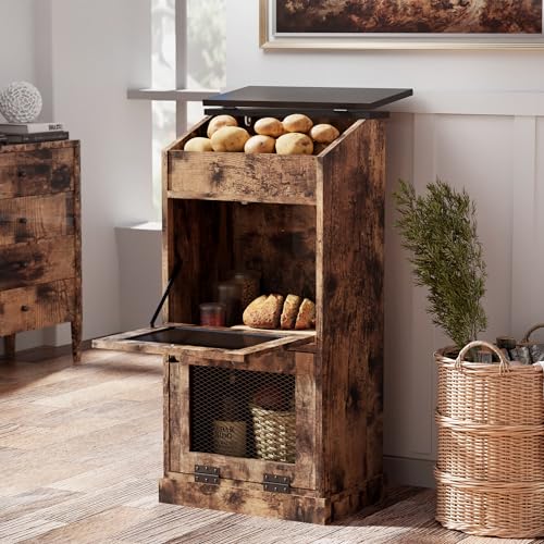 ONG Potato Storage Bin Wood, Wooden Bread Storage Bins, Decorative Potato and Onion Storage Bin, Potato Bin with Grocery Section, Wooden Vegetable Storage Box with Lid,Rustic Brown