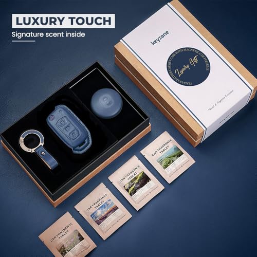 Image of Keyzone Premium Leather Key Cover & AC Vent Car Perfume Combo (4 Fragrances) | Compatible for Tata Curvv, Nexon, Harrier, Altroz, Punch, Safari, Tigor, Tiago, Zest, Bolt 3 Button flip Key. (Blue)