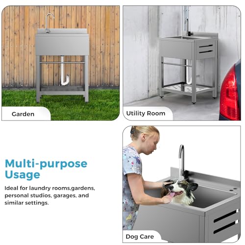 Image of Stainless Steel Utility Sink Freestanding Single Bowl Garage Sink 31 Inch | Shop Sink for Laundry Basement Garden Kitchen Outdoor, w /t Cold & Hot Water Lines, Rapid Drainage, 16 Gallon Large Capacity