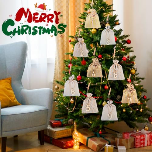 CLTPY DIY Festival Geschenksäckchen Adventskalender Säckchen Groß, Holzschild von Zahl 1-24 Jutesäckchen Adventskalender Beutel mit Glitzerdruck, Jutesäckchen Bastelset(13×18cm)
