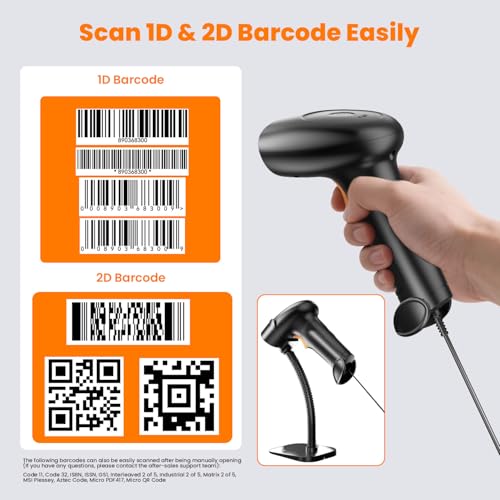 Image of HIROBOT QR /2D /1D Barcode Scanner with Stand, Wired Handheld Barcode Reader Compatible with QR Code & Barcode, Camera Button Scan /Induction and Continuous Automatic Scan (BlackOrange)