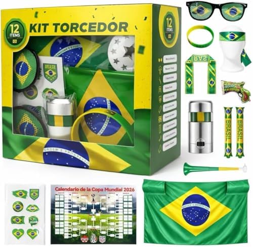 Kit Torcedor Brasil 2026, 12 Itens, com Bandeira 150x90 cm, Corneta, Óculos, Faixa, Bastões Infláveis e Tatuagem