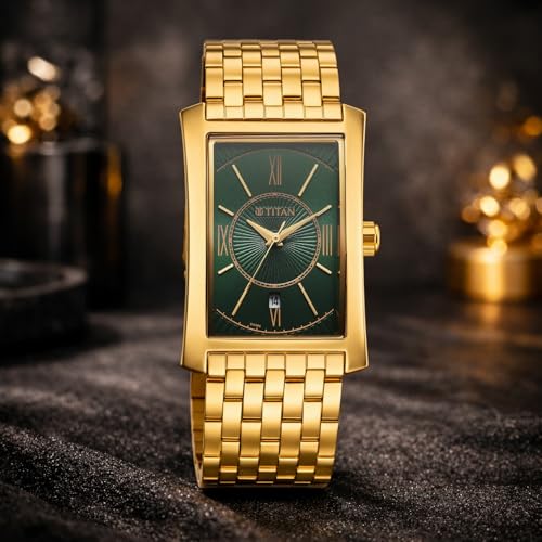 Image of Titan Regalia Allure Analog with Date and Green Dial Yellow Gold Stainless Strap Watch for Men - 10046YM03