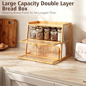 Bread Box for Kitchen Countertop, Double Layer Bamboo Bread Box for Kitchen Counter, Bread Storage Container with Acrylic Wavy Door Panel, 2 Layer Breadbox Holder, Natural Bread Box for Kitchen Countertop Double Layer Bamboo Bread Box for Kitchen Counter Bread Storage Container with Acrylic Wavy Door Panel 2 Layer Breadbox Holder Natural