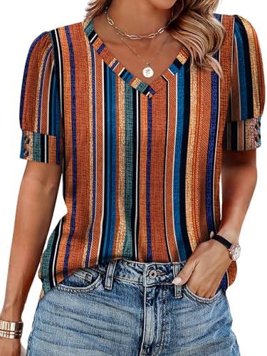 Image of OFEEFAN Womens Tops Short Sleeve Shirts Buttons V Neck Spring Fashion Summer Outfits Plus Size Blouses Dressy Casual