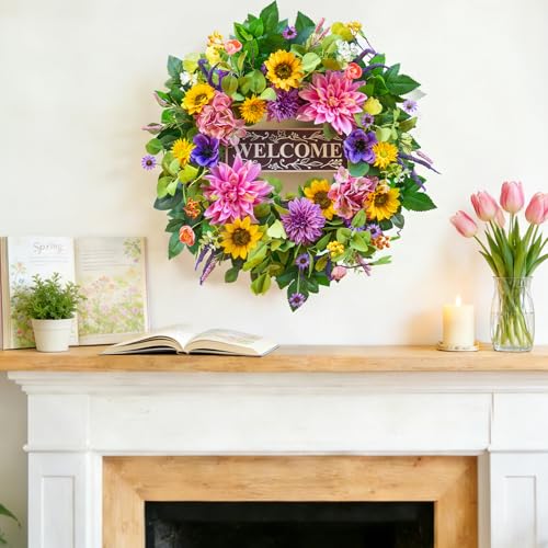 Image of Spring and Summer Wreaths for Front Door 24 Inch Summer Wreath with Lifelike Sunflower,Pink and Purple Dahlia Spring Door Wreath with Welcome Sign,Outdoor Decor