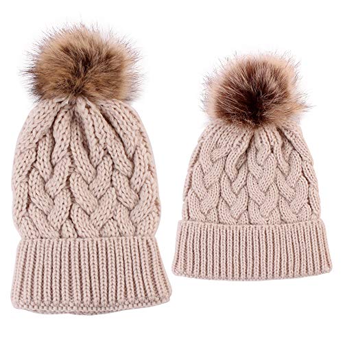 2PCS Mutter & Baby Strickmütze Winterwärmer Familie Häkelarbeithut Wollmütze Beanie Ski Hüte&Mützen (Khaki)