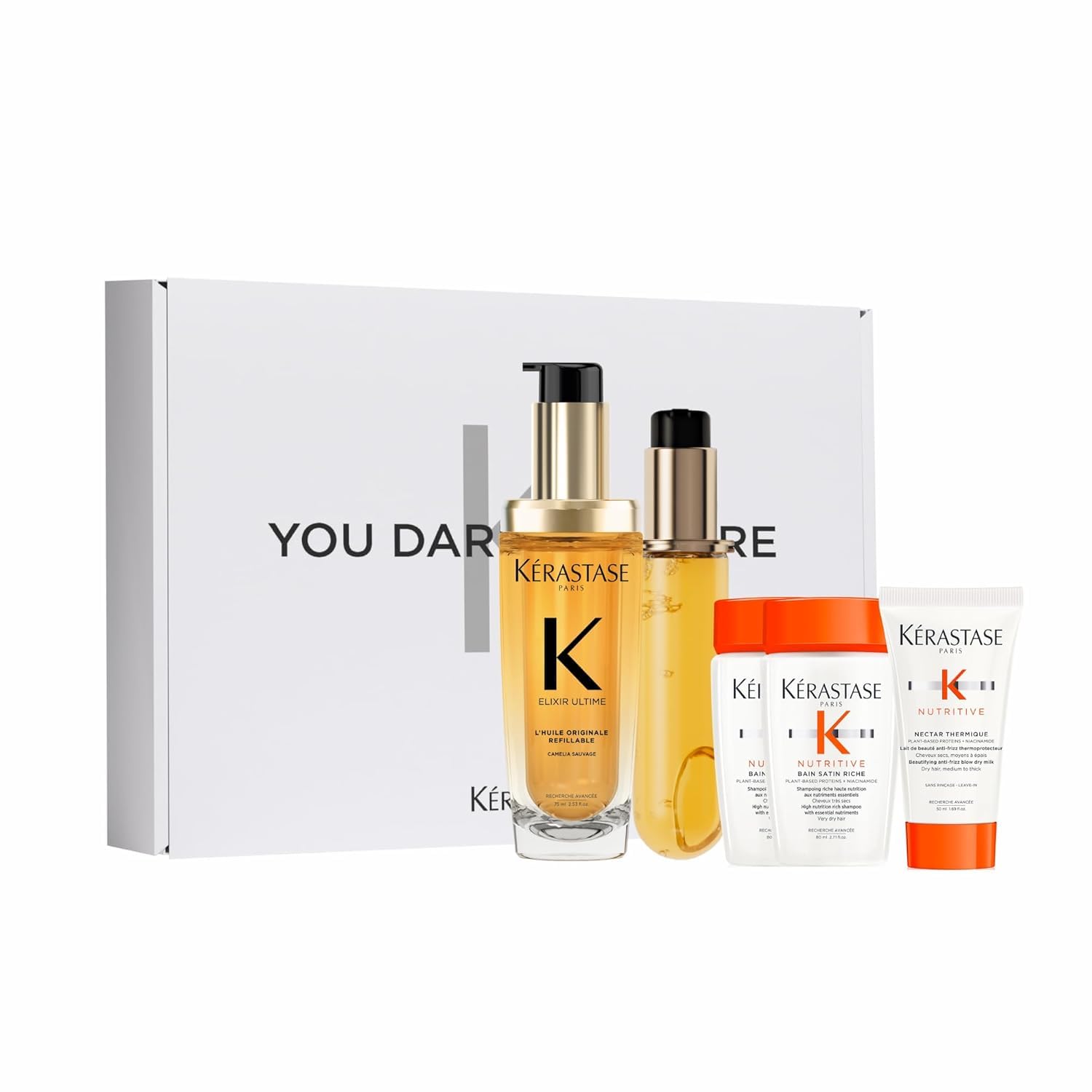 Kérastase Pflegeset mit Elixir Ultime Huile Originale (2 x 75 ml), Nutritive Bain Satin Riche Shampoo (80 ml), Nectar Thermique (50 ml) und Nutritive Bain Satin Riche Shampoo (80 ml) gratis