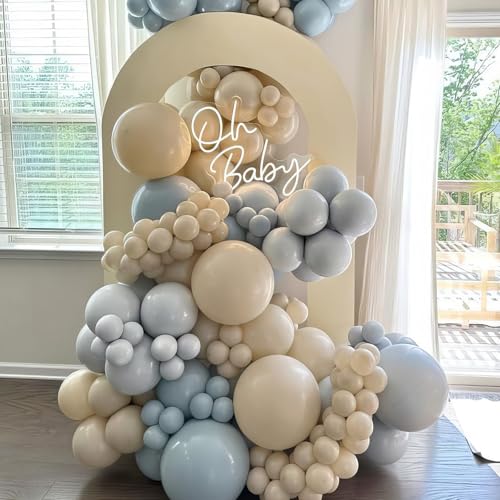 Image of Dusty Blue Balloons, Dusty Blue and Gold Balloons, Baby Shower Balloon Fog Cream Ivory White Champagne Gold Balloon for Boho Birthday Boys Girls Party Wedding Bridal Shower Decorations