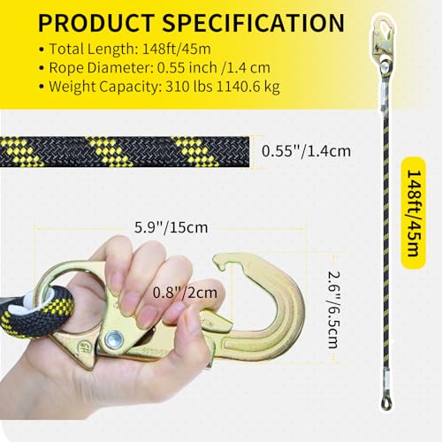 Image of Fall Protection Safety Rope 150FT, Heavy Duty Vertical Lifeline Assembly with Grab Snap Hooks Shock Absorber, Safety Lanyard for Roofing Tree Climbing Construction
