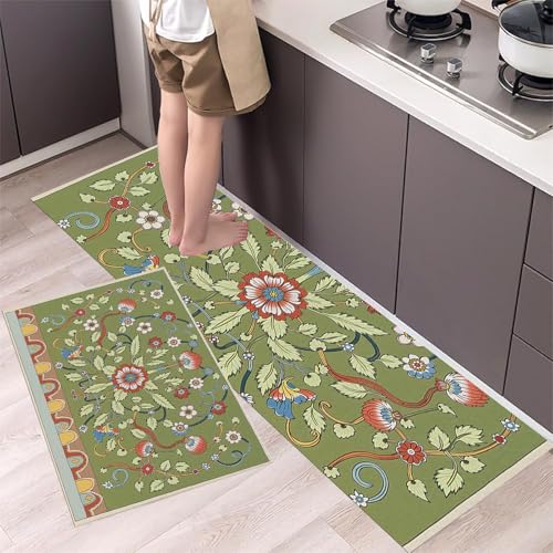 Alfombra de estilo tradicional chino, set de 2 piezas verdes lavables de 45x75 y 45x150 cm 2