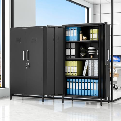 Image of pozdeg 47.24 inch Black Lockable Small Metal Storage Locker | Employees Locker with 2 Doors & 2 Adjustable Shelves, Steel File Cabinet for Employees, Home, School, Office & Gym