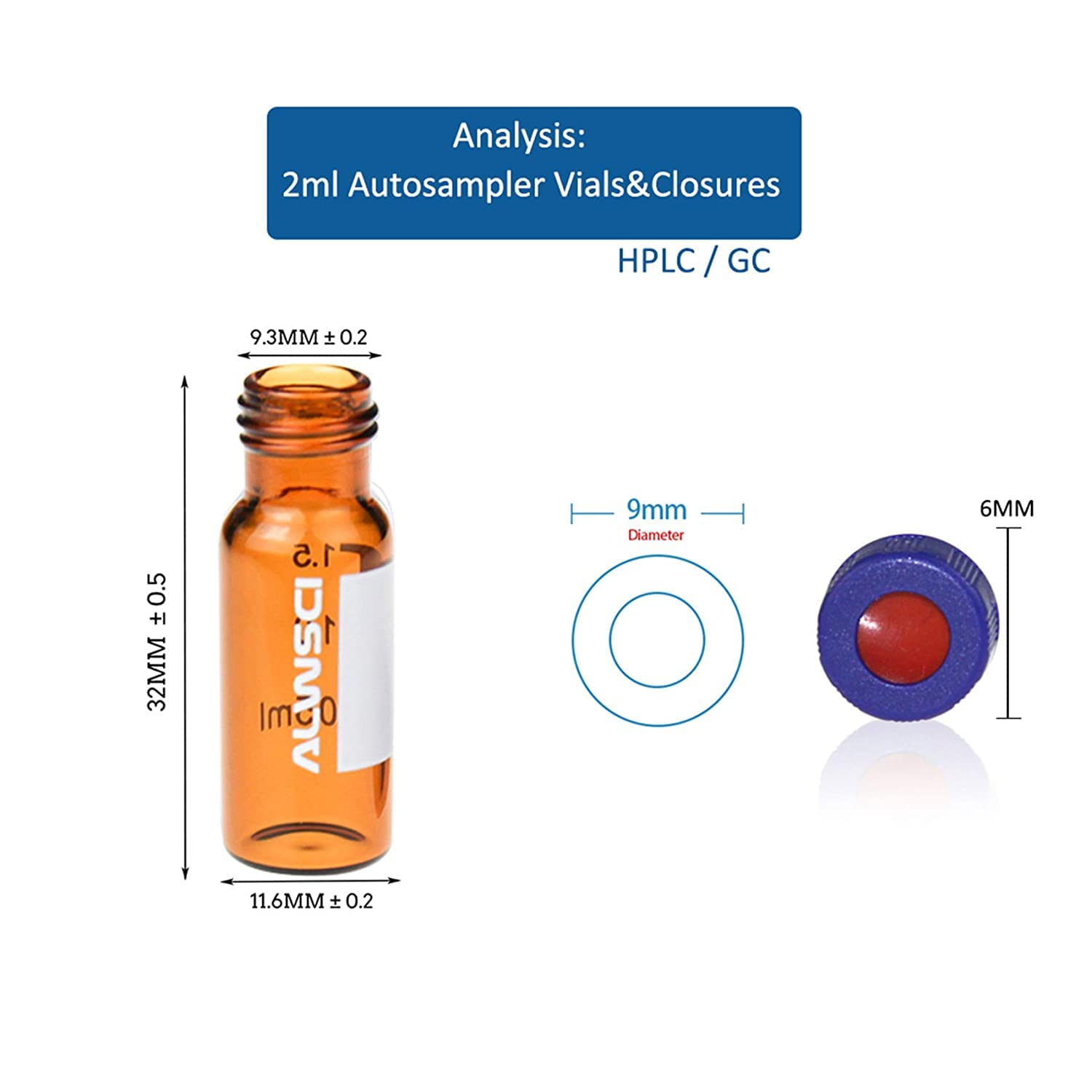 ALWSCI Fiale HPLC da 2 ml Fiale di Vetro, Fiale per Autocampionatore da Laboratorio Ambra, 9-425 Fiala Ambra, Tappo a Vite blu con Foro, Setti in Silicone Bianco PTFE e Rosso, 100 pz