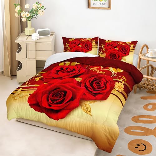 Image of AILONEN Red Rose Comforter Set Queen Size, Gold Hearts Themed Bedding, 3-Piece Romantic Luxury Flower Comforter With 2 Pillowcases, Soft Microfiber