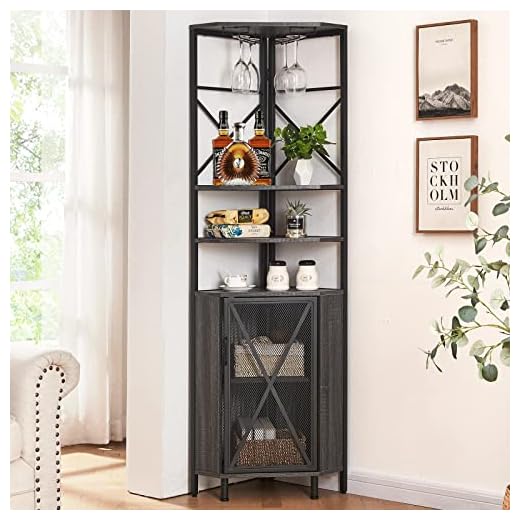 HOMISSUE 5-Tier Corner Shelf with Cabinet, Multipurpose Corner Shelf with Wine Rack and Bar Cabinet, Free Standing Corner Storage Cabinet for Living Room, Home Bar, Home Office, Balcony, Grey