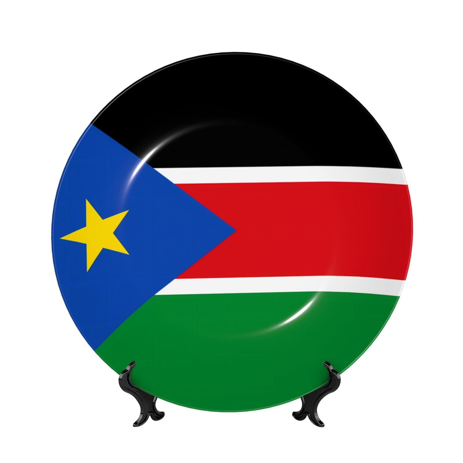 SXZVVBN Flag of South Sudan Bone China Decorative Plate Art with Stand Removable Adhesive Hanging for Home Office 10in（25cm）