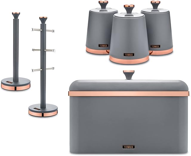 Tower Cavaletto Contemporary Kitchen Storage Set of 6 Items. Bread Bin, Tea, Coffee & Sugar Canisters, Mug Tree & Towel Pole. Stylish Matte Grey finish with Elegant Rose Gold Accents