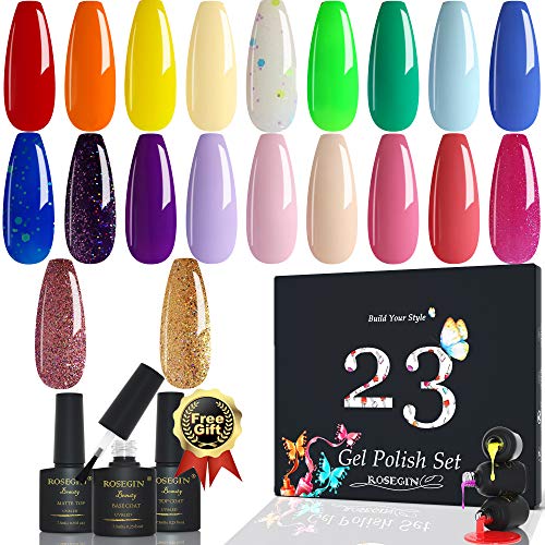 ROSEGIN 23 Pcs Gel Nail Polish Set with Glossy and Matte Top and Base Coat Soak Off Gel Polish Colors Pink Red Green Neon Long Lasting Nail Gel Polish