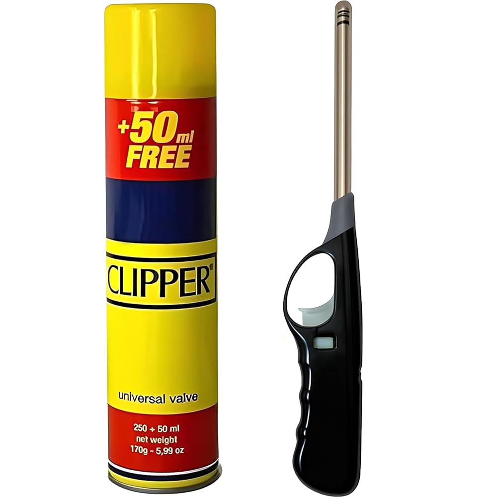 1 x Refillable Lighter with Clipper Gas Adjustable Flame Windproof Long Reach Candle Lighter for Kitchen Cooking BBQs Camping Wood Burner & Fireworks (Assorted Color)