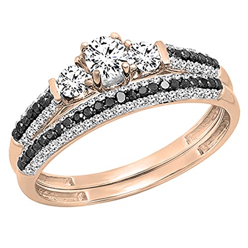 Dazzlingrock Collection Round White Sapphire, Black & White Diamond 3 Stone Wedding Ring Set for Women in Solid Gold