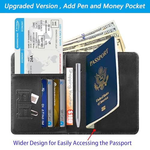 Passport Holder With Luggage Tag Travel Essentials Passport Cover Wallet RFID Blocking Leather Case International Must Haves Travel Accessories Women Men(115#Black) - Thumbnail 4