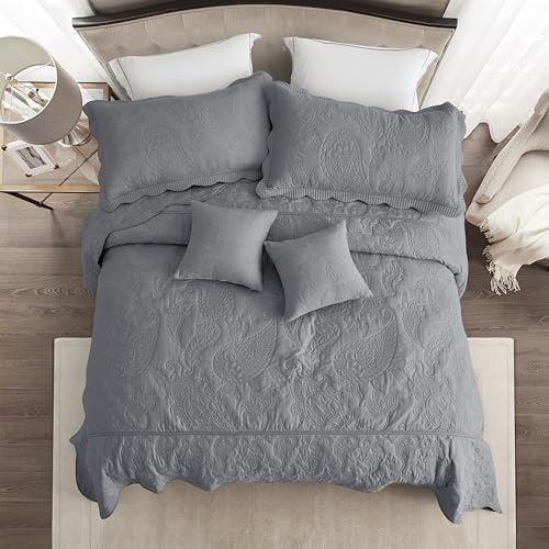 Image of HZ & HY Oversized King Bedspread, Stitched Paisley Quilt Set King /Cal King, Lightweight Reversible Coverlet, Scalloped Edge - Modern Classic Look, 5 Piece, Ultimate Gray