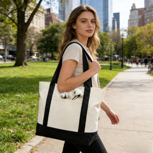 Bolso tote de lona para mujer con diseño de bloques de color, bolso grande de hombro con bolsillo frontal, casual y bonito para uso diario (negro) miniatura 1