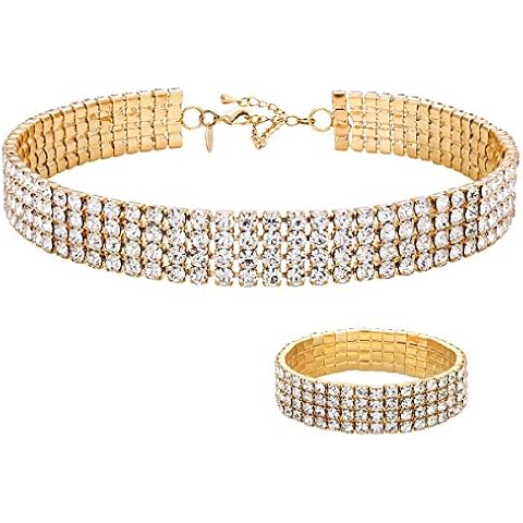 Zealmer 4 Row Rhinestone Choker Necklace & Stretch Bracelet for Women Gold Tone Cover