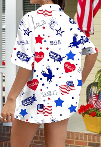 Image of Ithalt 4th of July Hawaiian Shirts Women American Flag Patriotic Short Sleeve Button Down Outfits Summer Vacation Tops