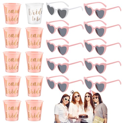 JGA Gafas de sol de equipo para novia, vasos de chupito con cadena, gafas de fiesta en forma de corazón, 10 gafas de corazón y 10 vasos JGA para colgar, gafas hippie en forma de corazón para despedida