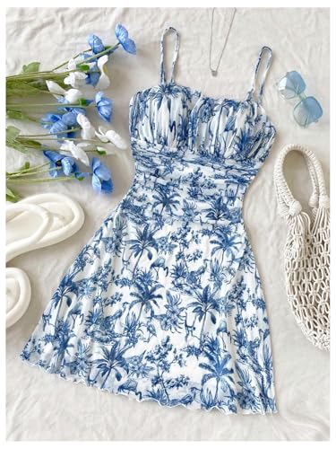 Floerns Girl's Floral Sleeveless Cami Dress Ruched Bust Flared Short Dresses3