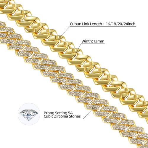 Mens Cuban link Chains Iced Out Miami Cuban Necklace Bling Diamond Hip Hop Jewelry for Men Women 13mm Silver/Yellow Gold/Rose Gold2