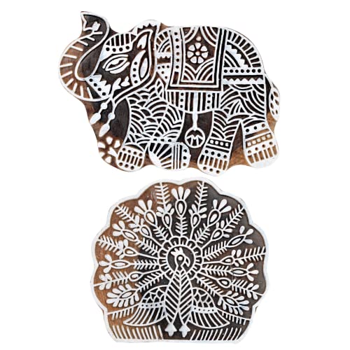 Hashcart Wooden Block Stamps - Indian Textile Printing Blocks - Elephant & Peacock Shapes for Fabric, Clay & Henna, Tattoo