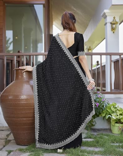 Image of Yashika Women's Hot Fix Work and Solid Color Satin Moss Saree With Unstitched Blouse Material