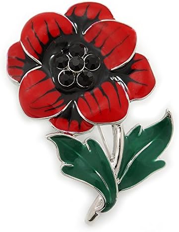 Red/Black/Green Enamel, Crystal Poppy Brooch In Silver Tone - 45mm L image 3