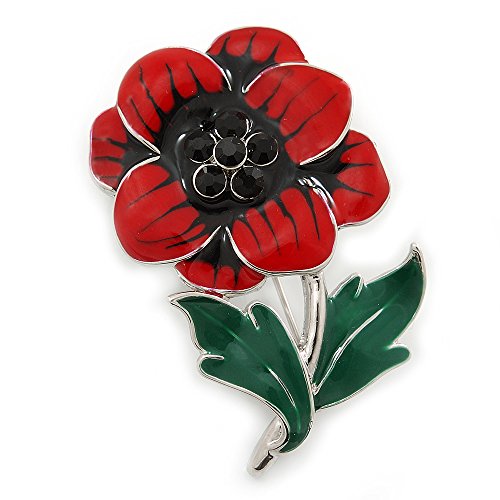 Red/Black/Green Enamel, Crystal Poppy Brooch In Silver Tone - 45mm L
