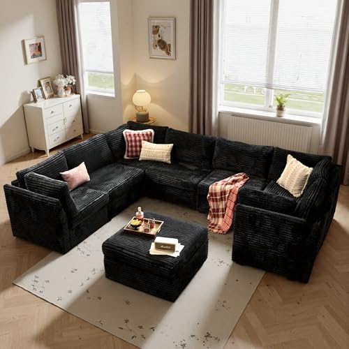 Image of ovios Modular Sectional Sofa Couch with Sofa Bed L-Shape Chaise, Comfy Plush Corduroy Cloud Couches, Modern Luxury Deep Seat Sofas Set for Living Room, 8-Seater, Black