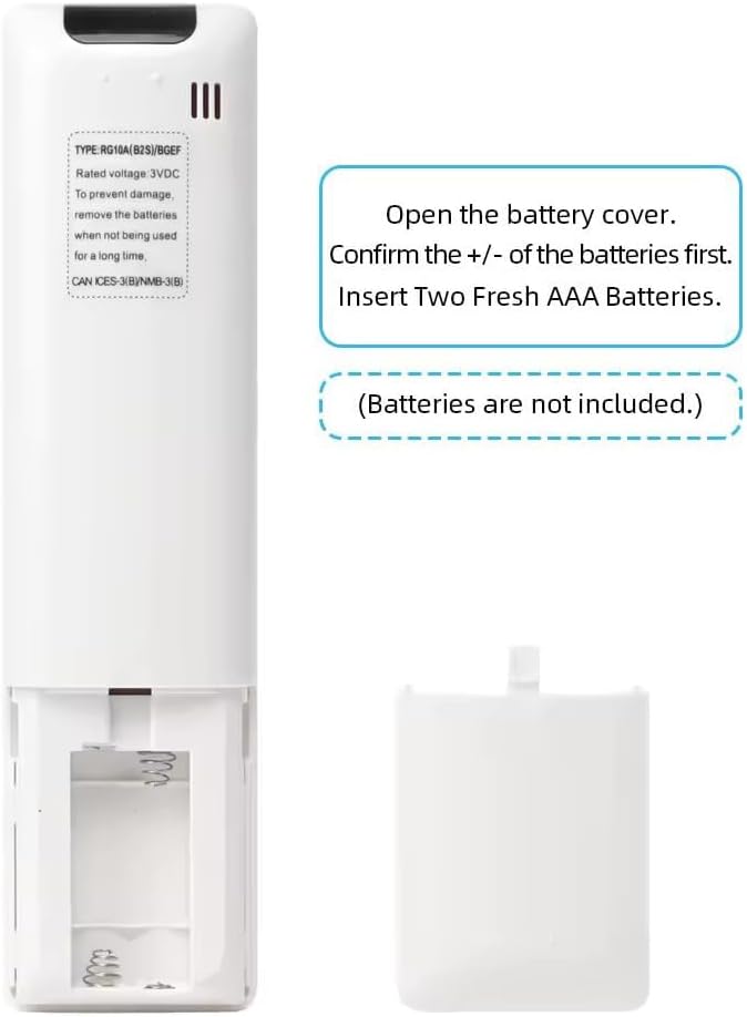 Back view of the remote control with the battery cover open, showing the battery compartment.