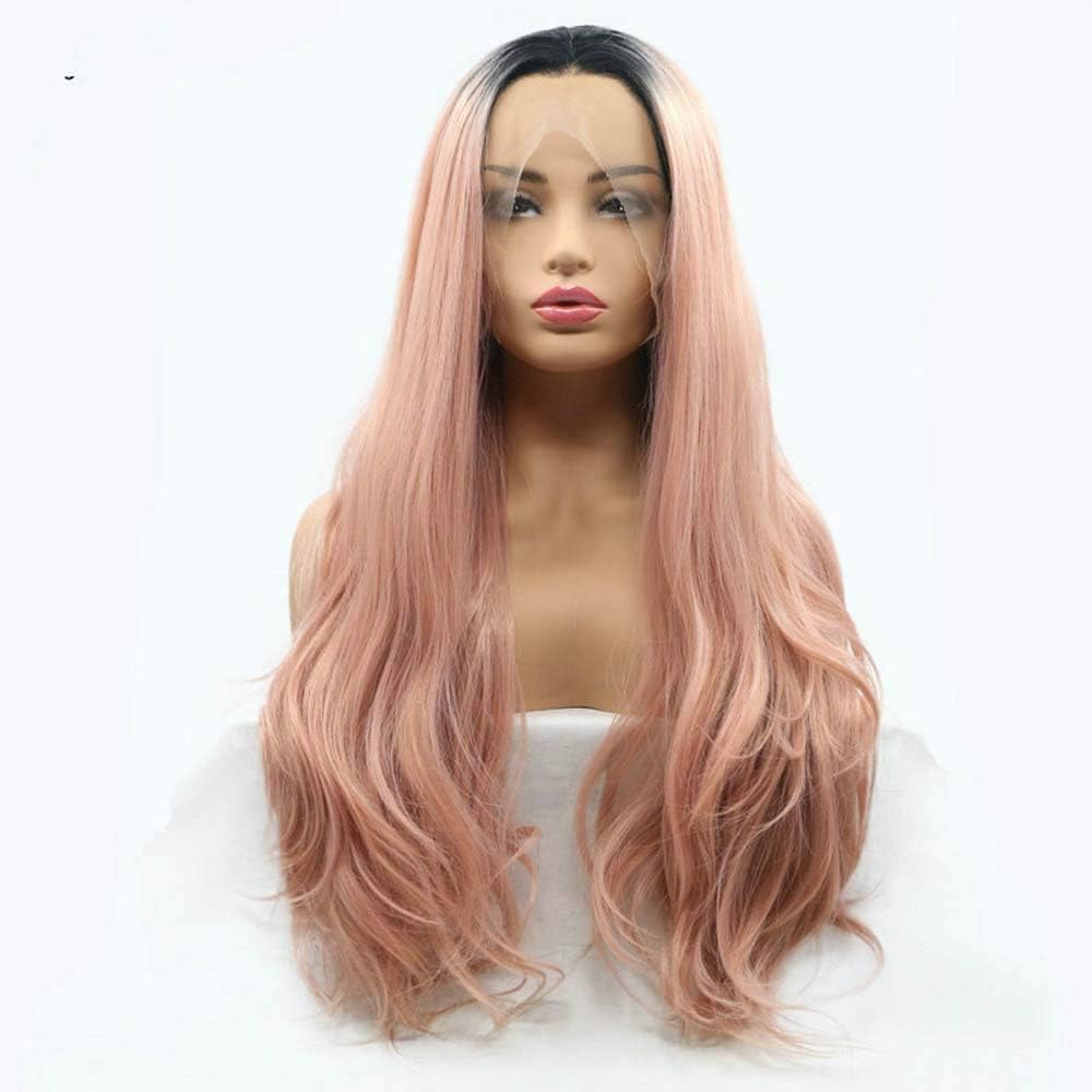 Melody Long Ombre Synthetic Lace Front Wigs Peach Red Wigs For Women Hair Natural Wave Wigs Rose Gold Pink Hair With Dark Roots Heat Resistant Fiber Long Wavy Middle Parting โฆ