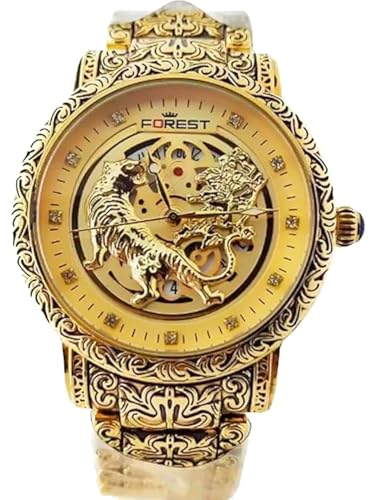 Forest Luxury Gold-Tone Tiger Skeleton Dial Watch, Vintage Carved Pattern Band, Quartz Movement