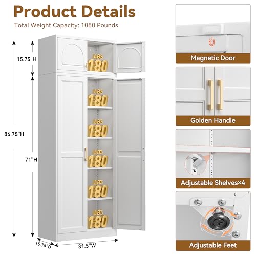 Image of Polup Kitchen Pantry Cabinet, 86 Inch Tall Metal Storage Cabinet, Food Pantry cabinets with Doors and Shelves, White Storage Cabinets for Living, Dining, Office, Bathroom, Garage, Assembly Required