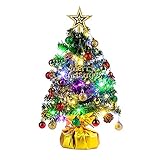 XmasExp 20in Mini Christmas Tree Artificial Small Christmas Tree with Lights Star Treetop,Ornaments Balls,Bells and Pine Cones Tabletop DIY Xmas Decorations Gold