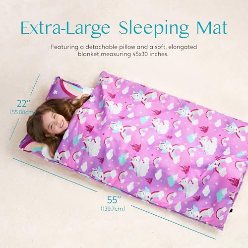 Image of JOIEDOMI Toddler Sleeping Bag for Kids 55''x30'' Nap Mat with Removable Pillow and Minky Blanket for Toddler Ages 3-7 Roll Up Soft Kids Sleeping Bag for Boys Girls Kindergarten Daycare Sleepover
