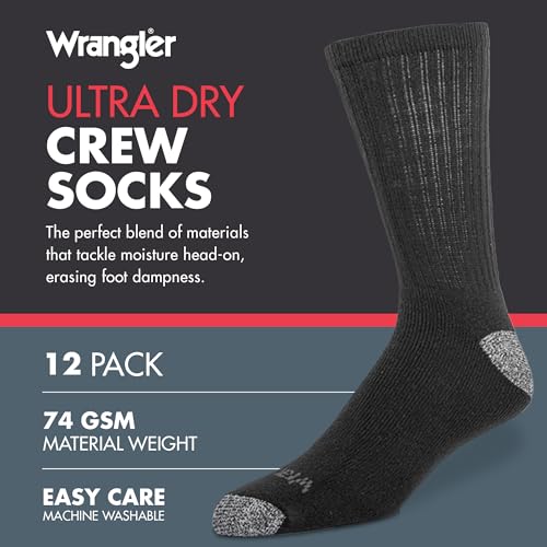 Wrangler Ultra Dry Crew Socks for Men - 12 Pack, Full Cushion, Arch Support, Moisture-Wicking, Steel Toe - Size 13-152