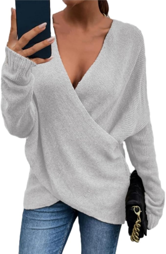 Women's V-Neck Crisscross Sweater Oversized Long Sleeve Cross Wrap Knit Pullover Top Fall Fashion Cute Sweaters