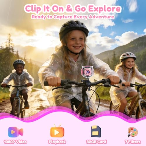 Image of PROGRACE Pool Toy & Kids Underwater Camera - IP68 Waterproof Action Camera for Boys Ages 3-12, 1080P Video, 32GB Card, Mount for Bike & More, Birthday Gift for Diving, Swimming, Riding, Snorkeling