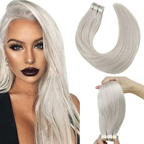 LaaVoo Remy Tape in Hair Extensions Blonde Invisible Tape ins Blonde Hair Extensions Straight 26 Inch Glue in Natural Hair Double Sided Tape on Hair Extensions Ice Blonde 50G Seamless Long Tape Hair