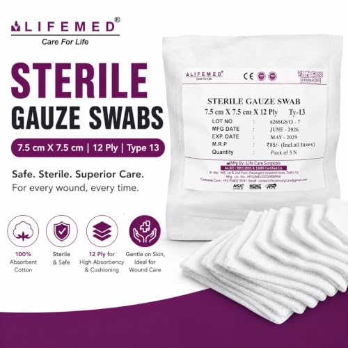 Image of LifeMed Sterile Absorbent Gauze Swabs 7.5 x 7.5 cm, 12 Ply, 50 Dressings (10 Packs x 5)