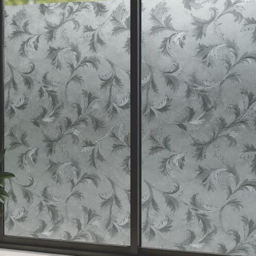 Image of CVANU Frosted Floral Leaf Privacy Window Film, Self Adhesive Waterproof Vinyl Decorative Glass Covering Sheet for Doors, Windows, Bathroom, Home & Office Use (24 x 240 Inch)